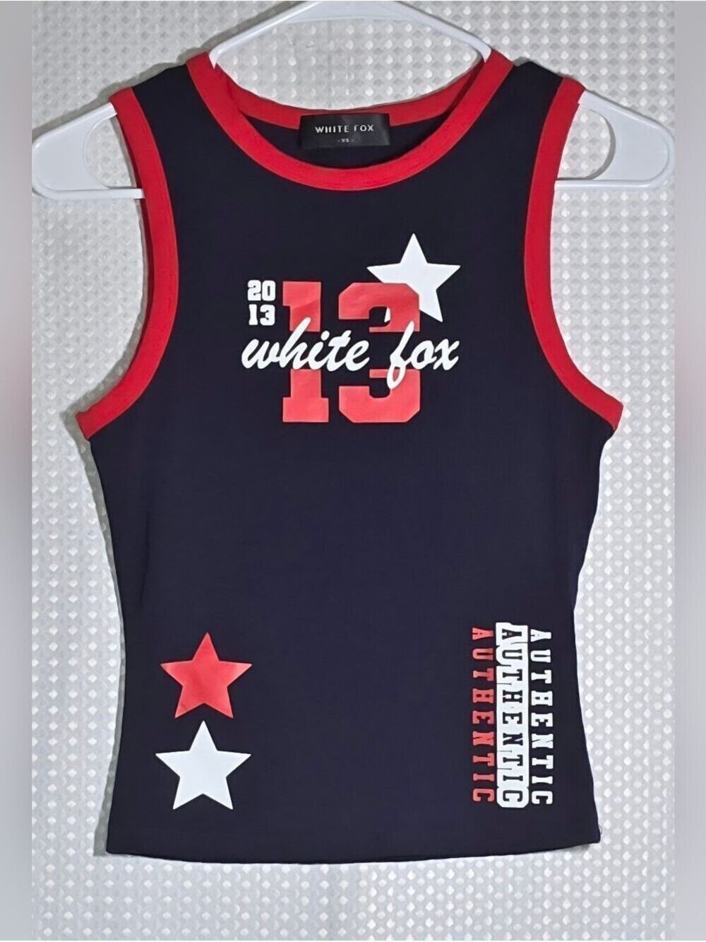 White Fox Y2K Graphic Tank Top Navy Red Baby Tee Fitted Racerback Size XS - Picture 5 of 10